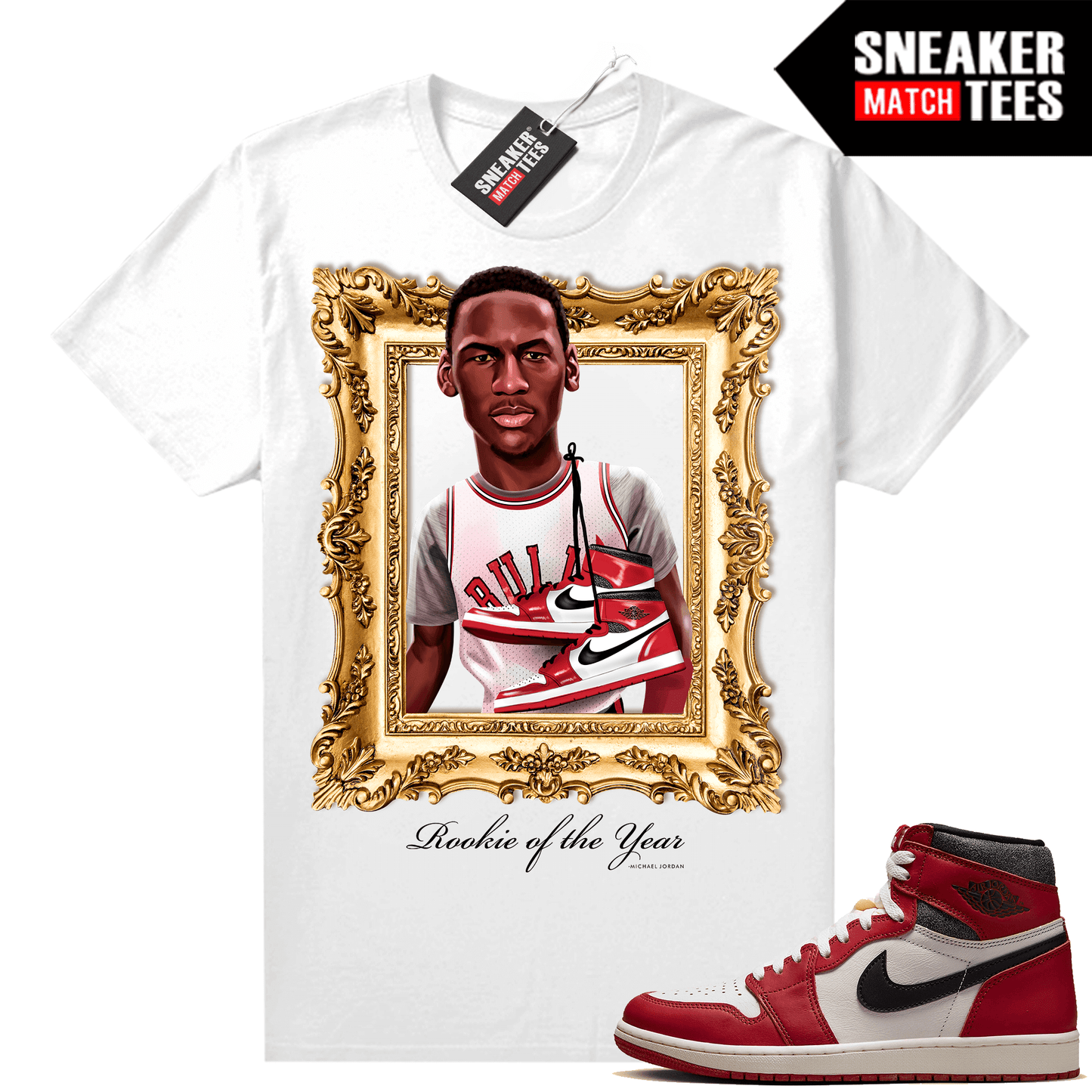 Chicago 1s Lost and Found Sneaker Match Shirt White MJ ROTY Gold Frame