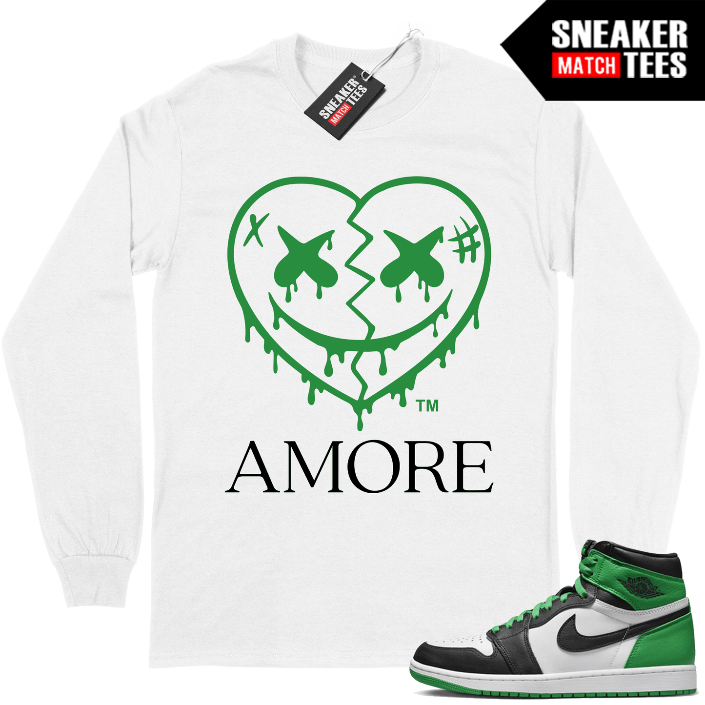 Jordan 1 Lucky Green Long Sleeve shirt Sneaker Match White AMORE Crazy Love Heart