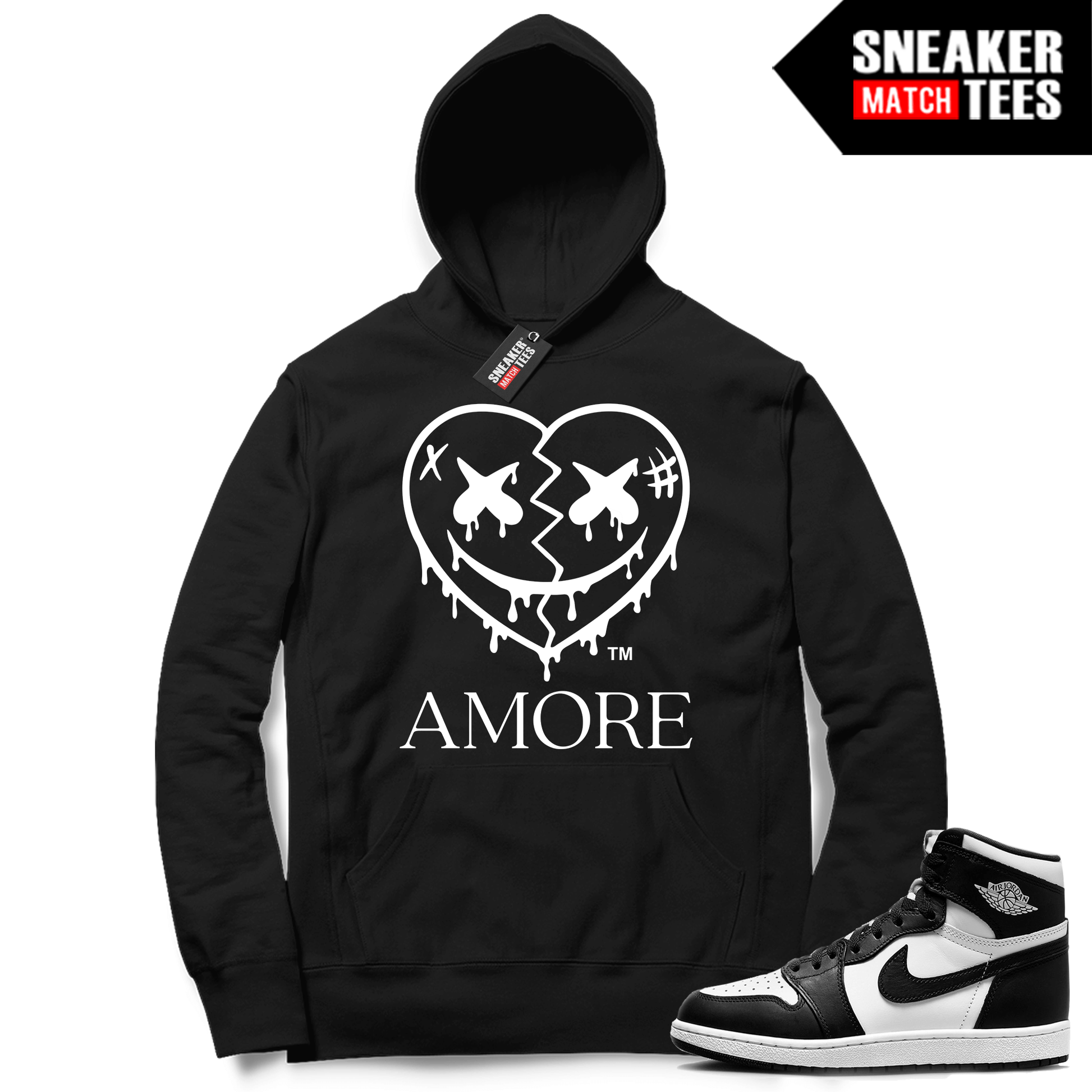 Jordan 1 Panda Sneaker Match Hoodie Black AMORE Crazy Love Heart