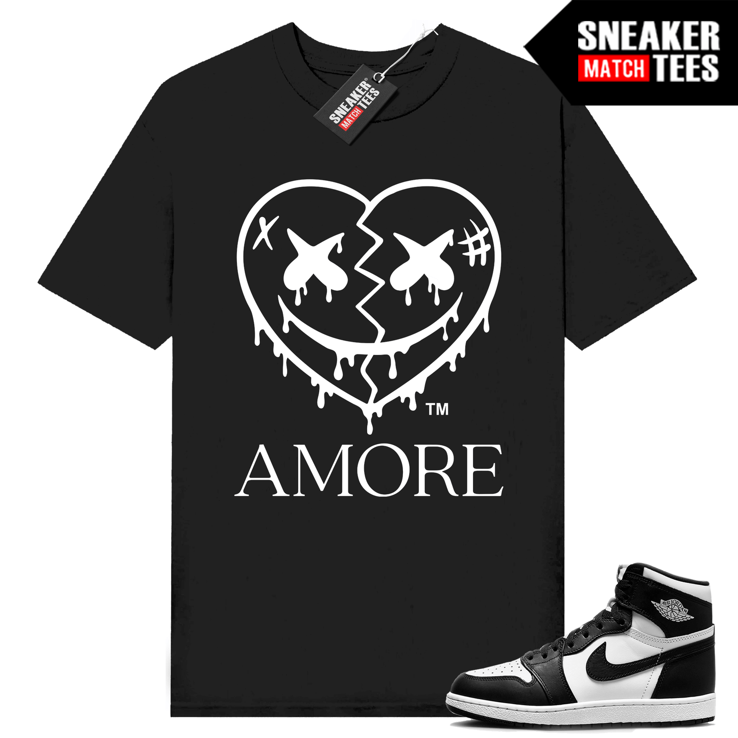 Jordan 1 Panda Sneaker Match T-shirt Black AMORE Crazy Love Heart