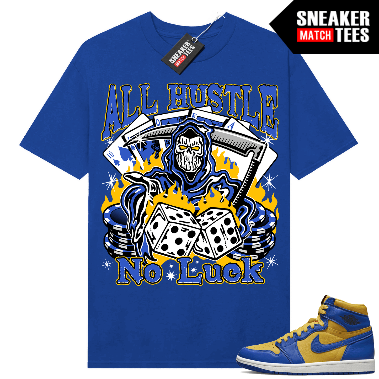 Jordan 1 Reverse Laney Shirts Sneaker Match Royal All Hustle No Luck