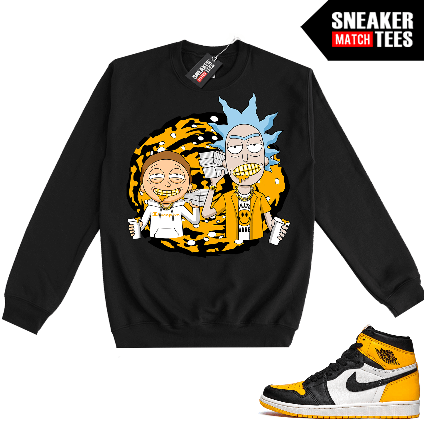 Jordan 1 Taxi Sneaker Match Crewneck Sweatshirt Black Trap Rick & Morty