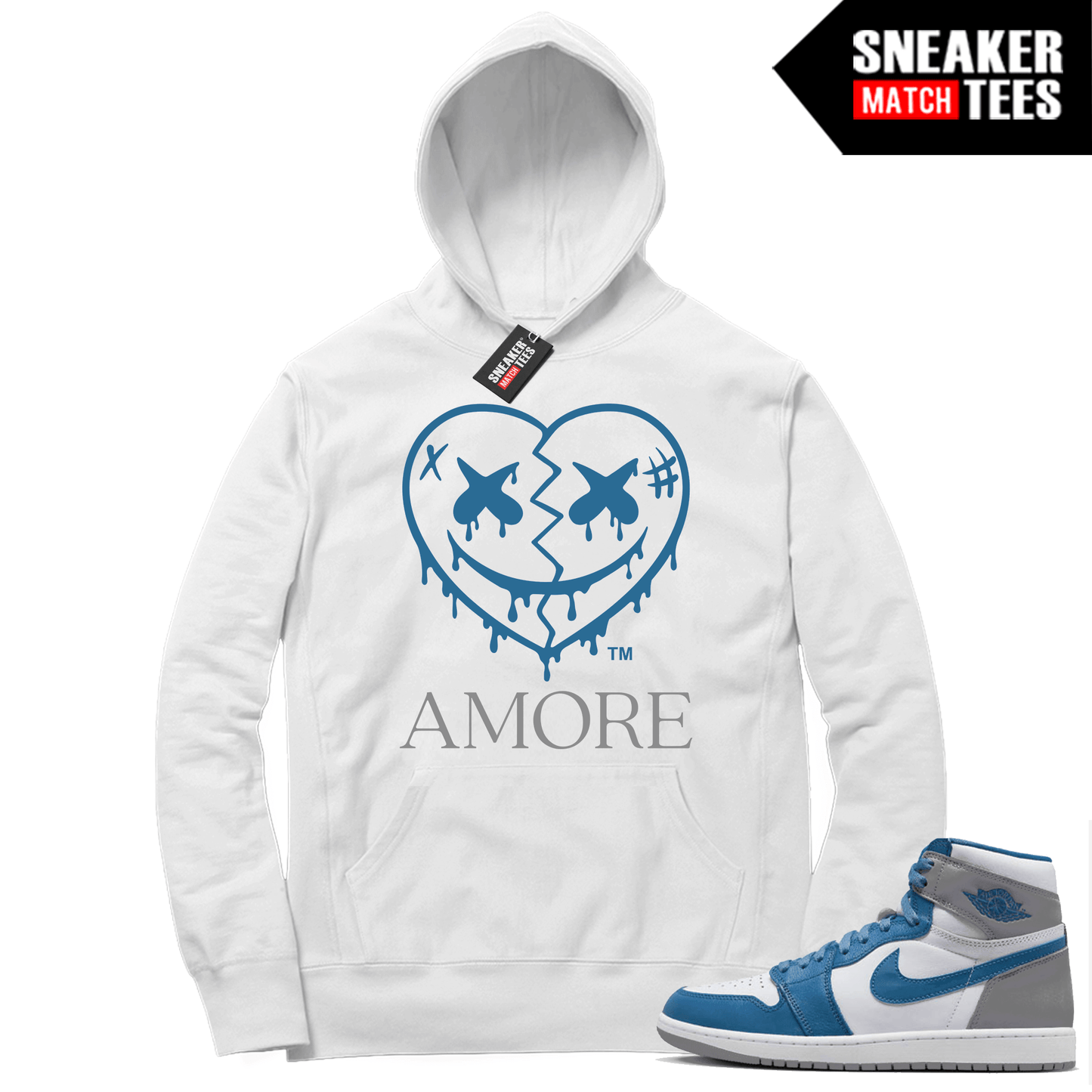 Jordan 1 True Blue Sneaker Match Hoodie White AMORE Crazy Love Heart