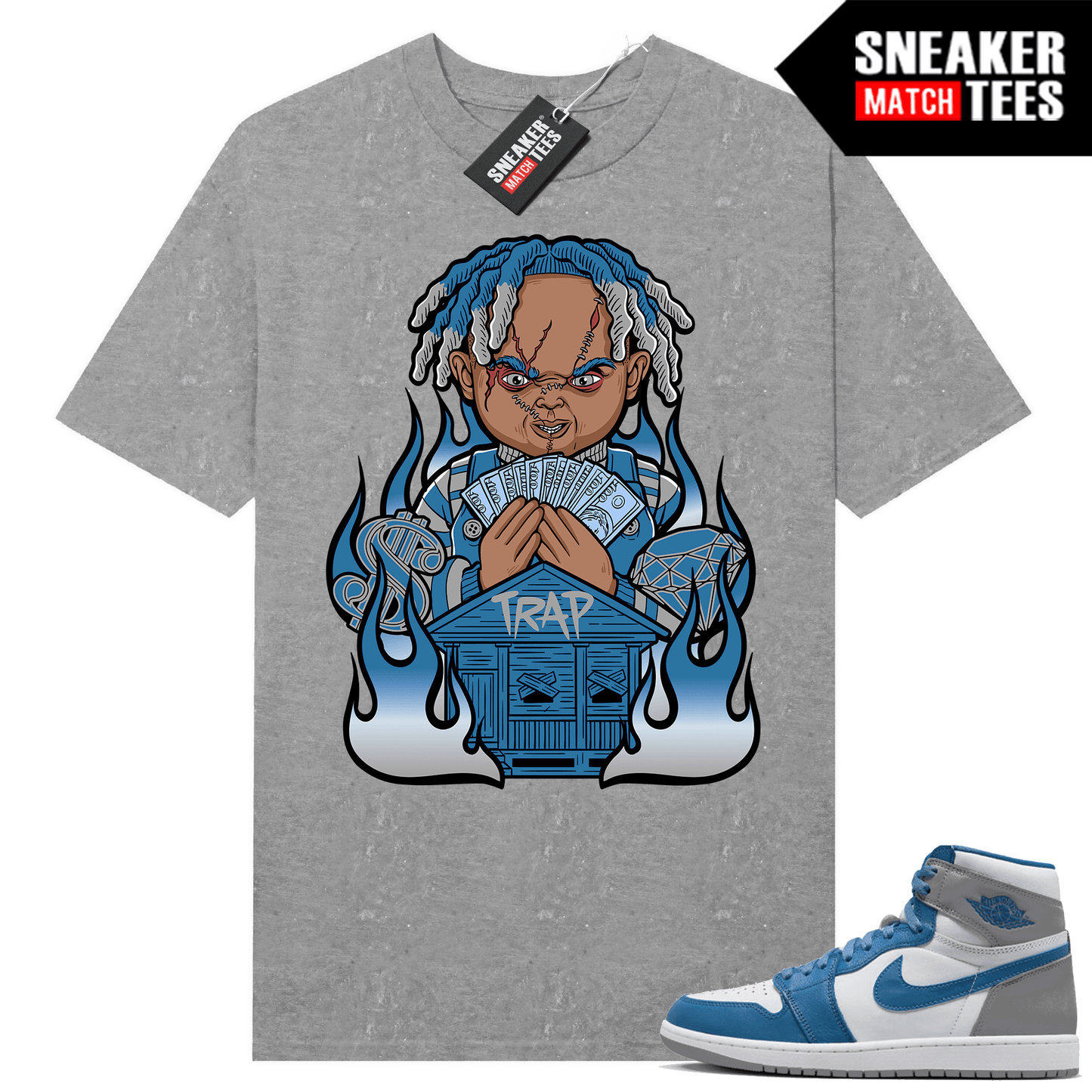 Jordan 1 True blue shirts Sneaker Match Heather Grey Trap Chucky