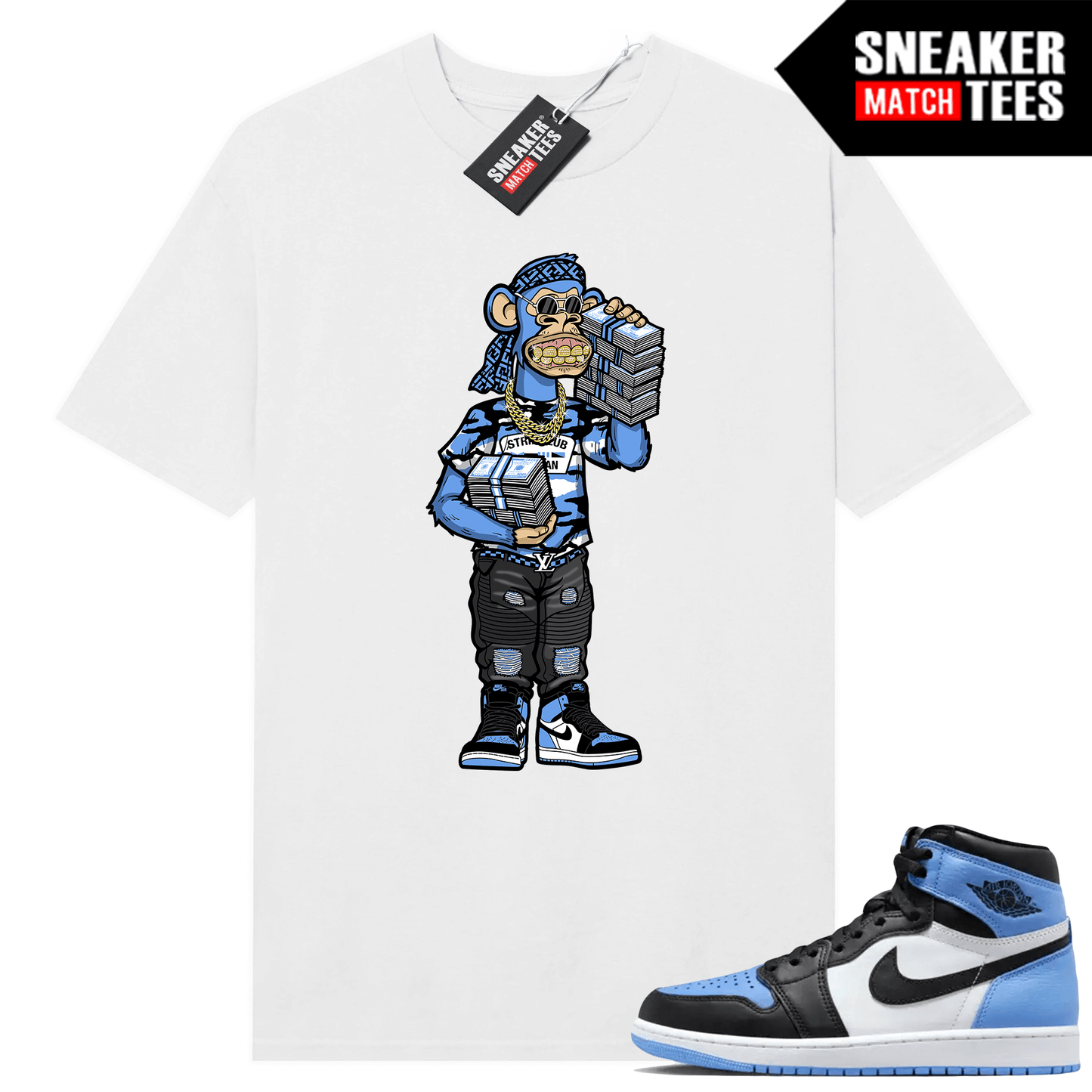 Jordan 1 UNC Toe Sneaker Match Shirt White Rich Ape