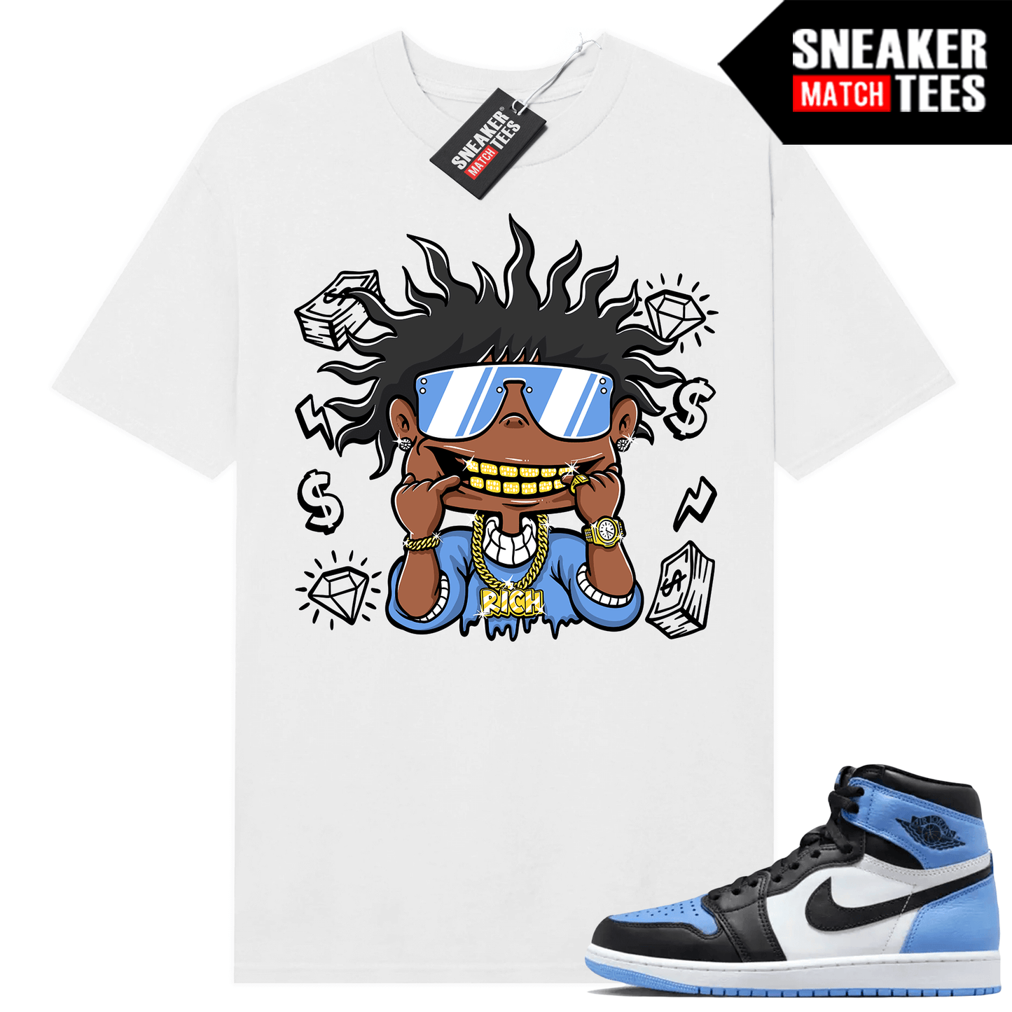 Jordan 1 UNC Toe Sneaker Match Shirt White Rich Chucky