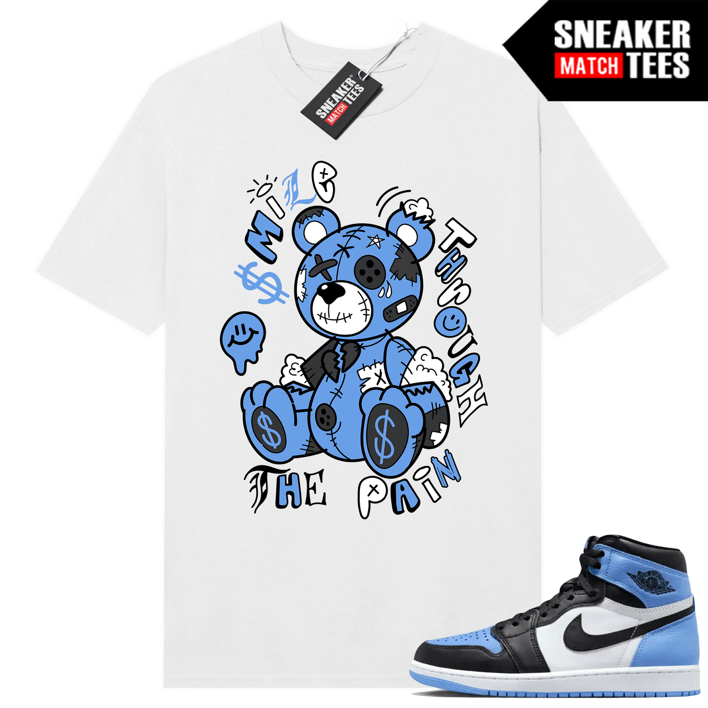 Jordan 1 UNC Toe Sneaker Match Shirt White Smile Bear