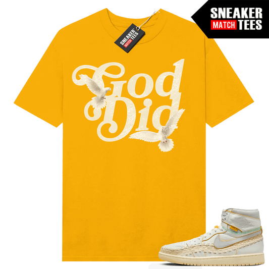 Jordan 1 UNION LA Befies Beauty Supply T-shirt Sneaker Match Yellow Gold God Did Doves