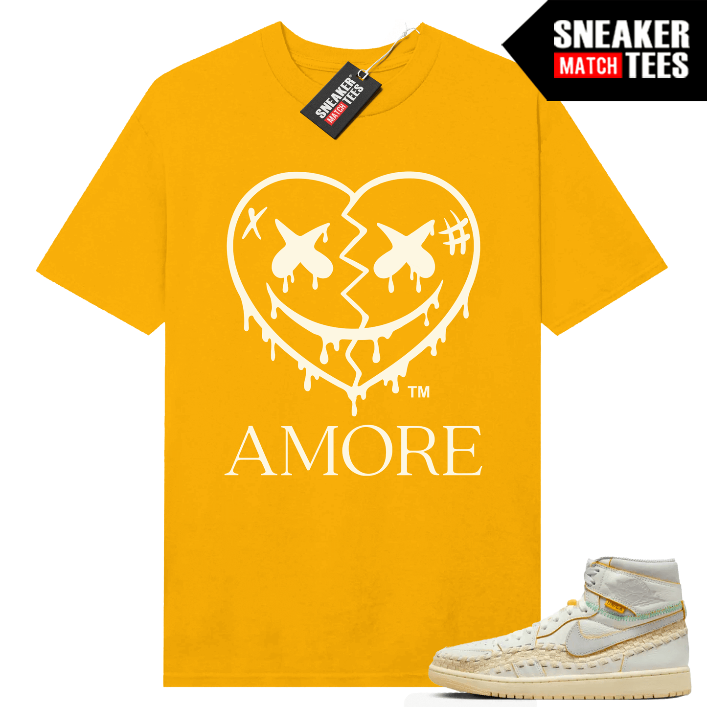 Jordan 1 Union LA BBS Sneaker Match T-shirt Yellow Gold AMORE Crazy Love Heart