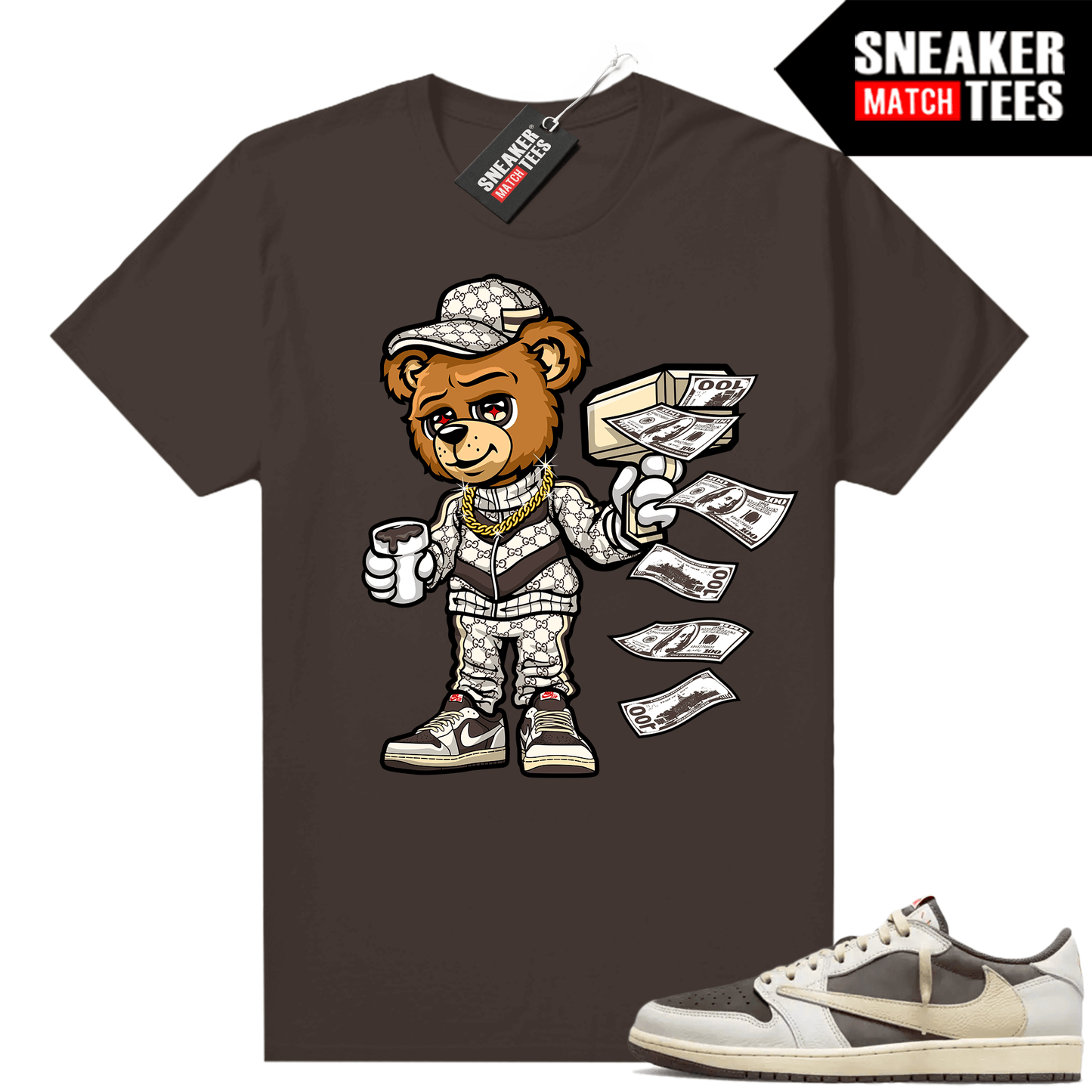 Travis Scott Jordan 1 Low Reverse Mocha Shirts Sneaker Match Brown Cash Cannon Bear