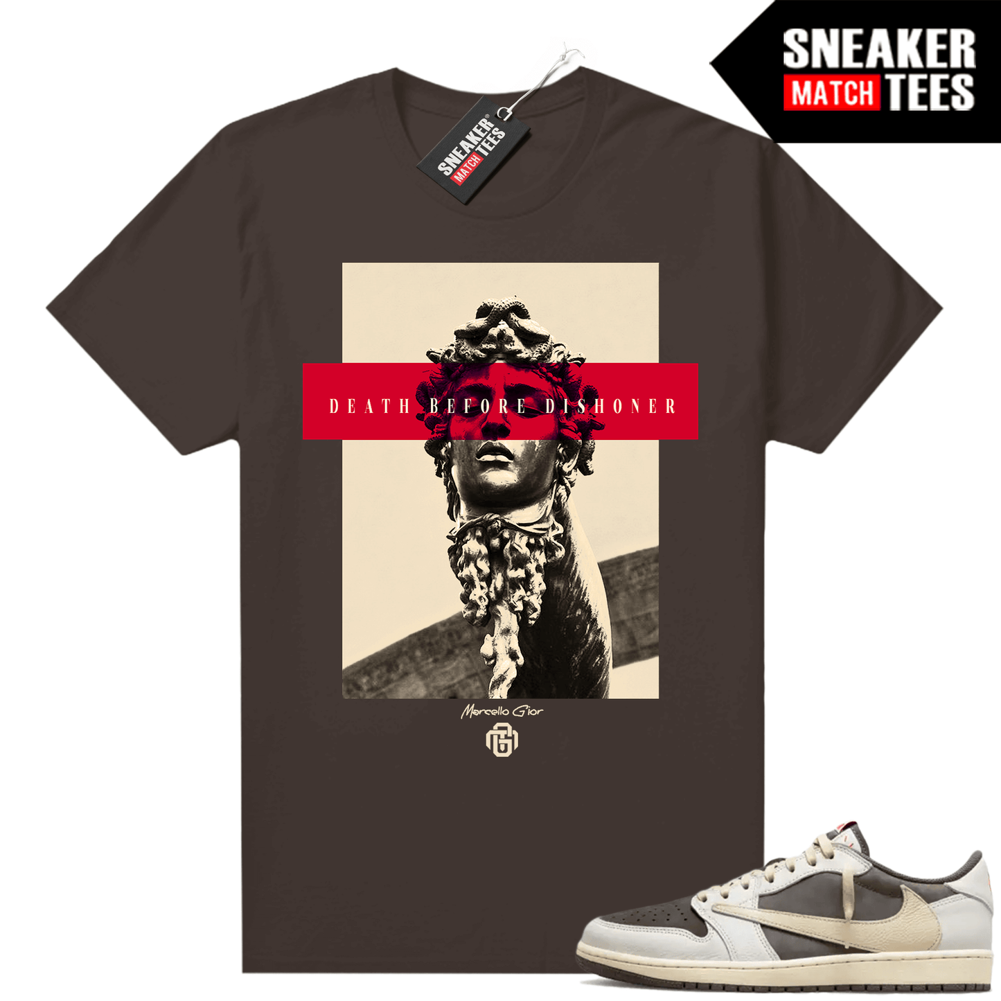 Travis Scott Jordan 1 Low Reverse Mocha Shirts Sneaker Match Brown Marcello Gior Death Before Dishoner