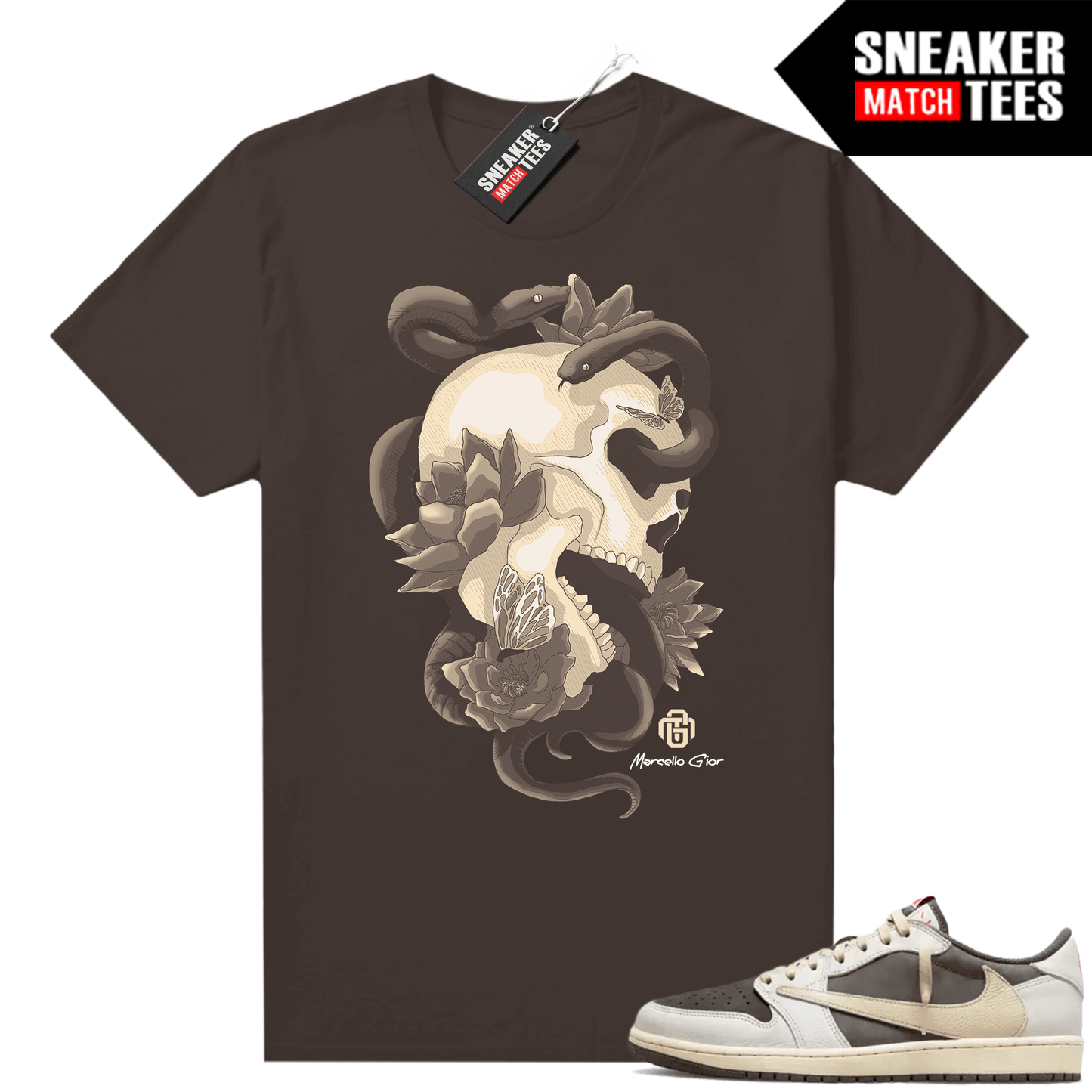 Travis Scott Jordan 1 Low Reverse Mocha Shirts Sneaker Match Brown Marcello Gior Serpent Skull