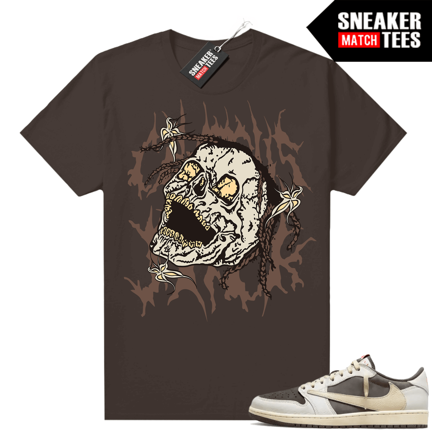 Travis Scott Jordan 1 Low Reverse Mocha Shirts Sneaker Match Brown SWZY Cactus Jack Skull