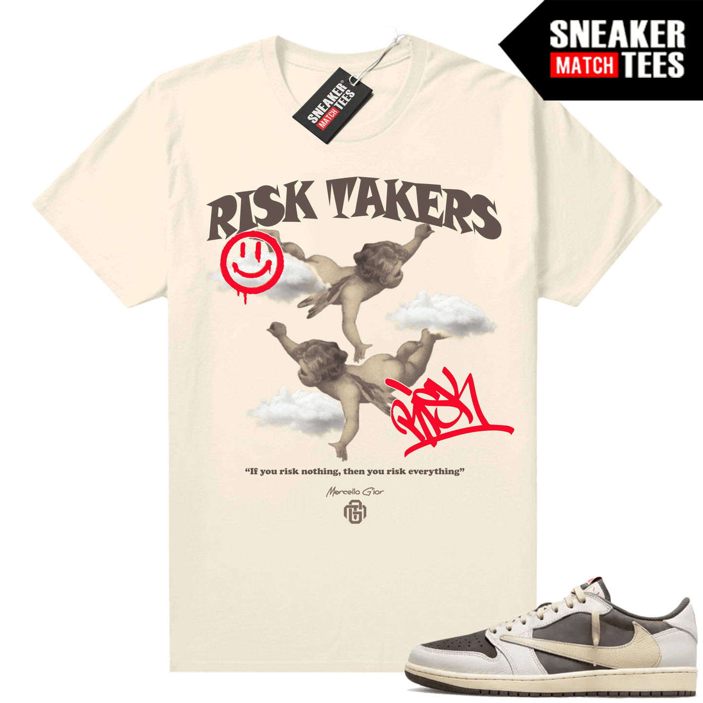 Travis Scott Jordan 1 Low Reverse Mocha Shirts Sneaker Match Sail Marcello Gior Risk Takers