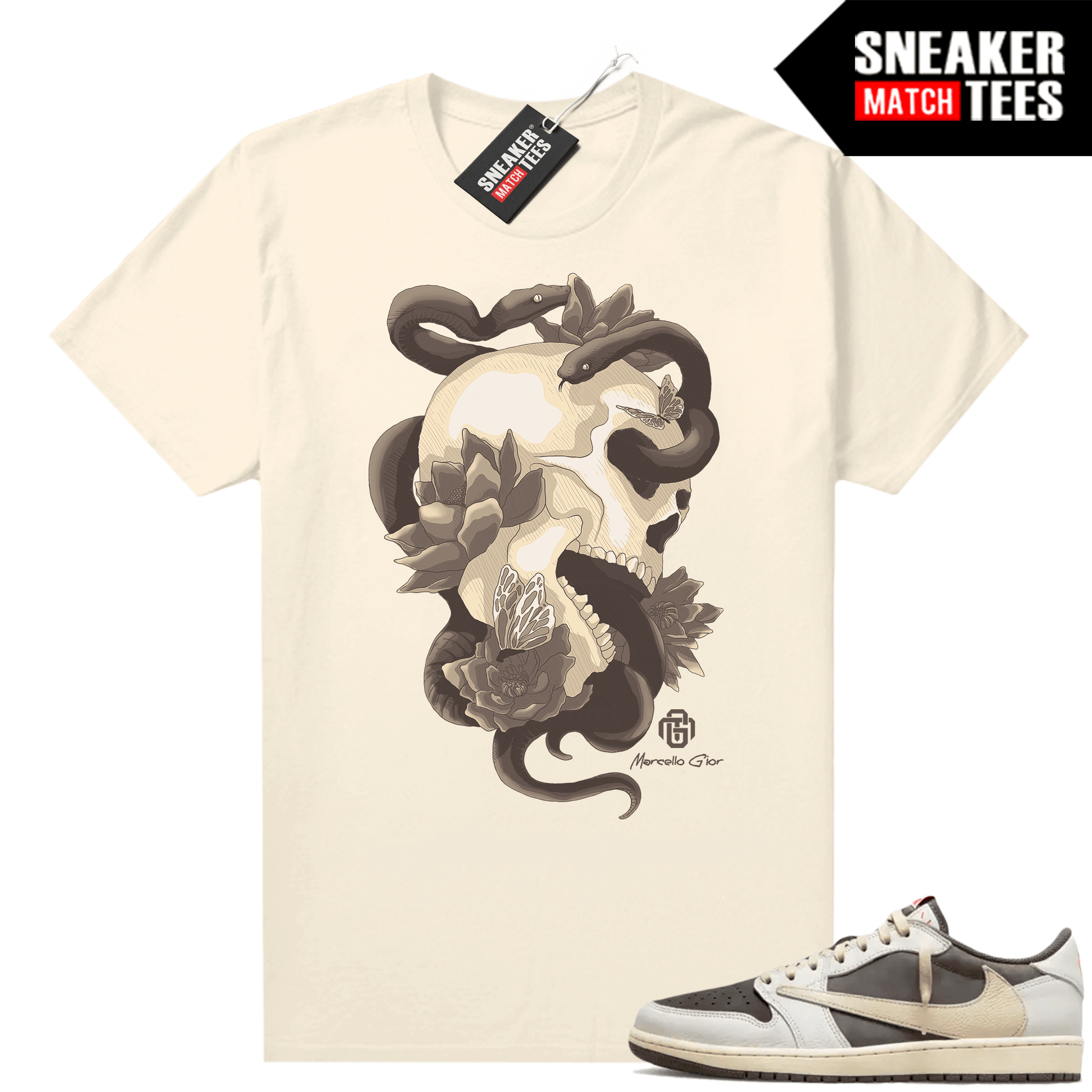 Travis Scott Jordan 1 Low Reverse Mocha Shirts Sneaker Match Sail Marcello Gior Serpent Skull